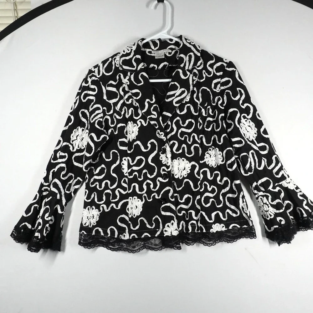 VTG Alberto Makali Black White Floral Soutache Lace Trim Bell Sleeve Jacket 8